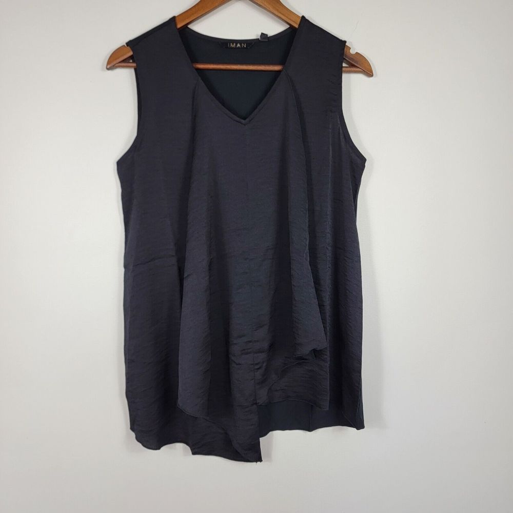 Iman Women's Small Tank Top‎ Black Flutter Front Accent NWT